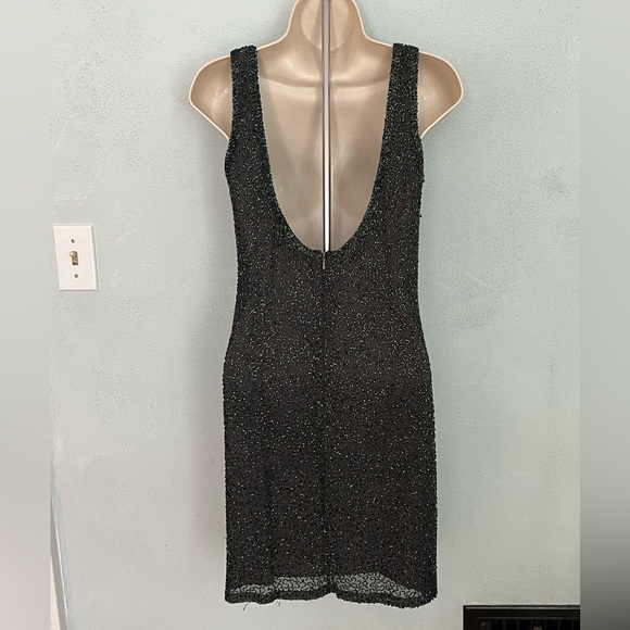 Vintage 80’s Silk Allover BEADED DRESS Shimmer Low Back Sleeveless Black Green 4 - Picture 5 of 14